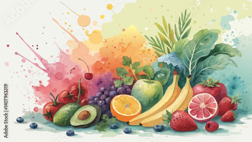 Vibrant watercolor fruit and vegetable background – lively and energizing healthy lifestyle design with copy space  
