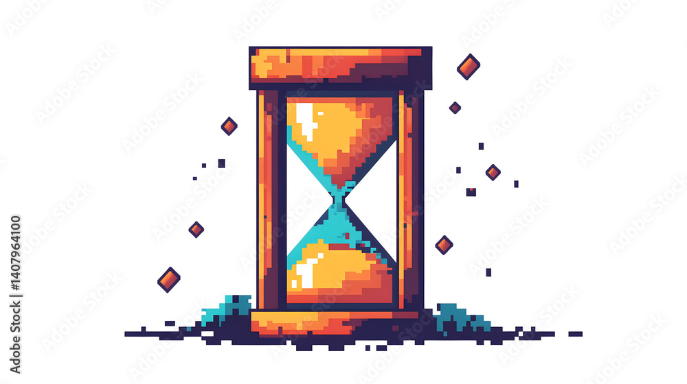 A vibrant pixel art depiction of an hourglass, symbolizing the passage of time with a playful and colorful design. A vibrant pixel art depiction of an hourglass, symbolizing the passage of time with a playful and colorful design.