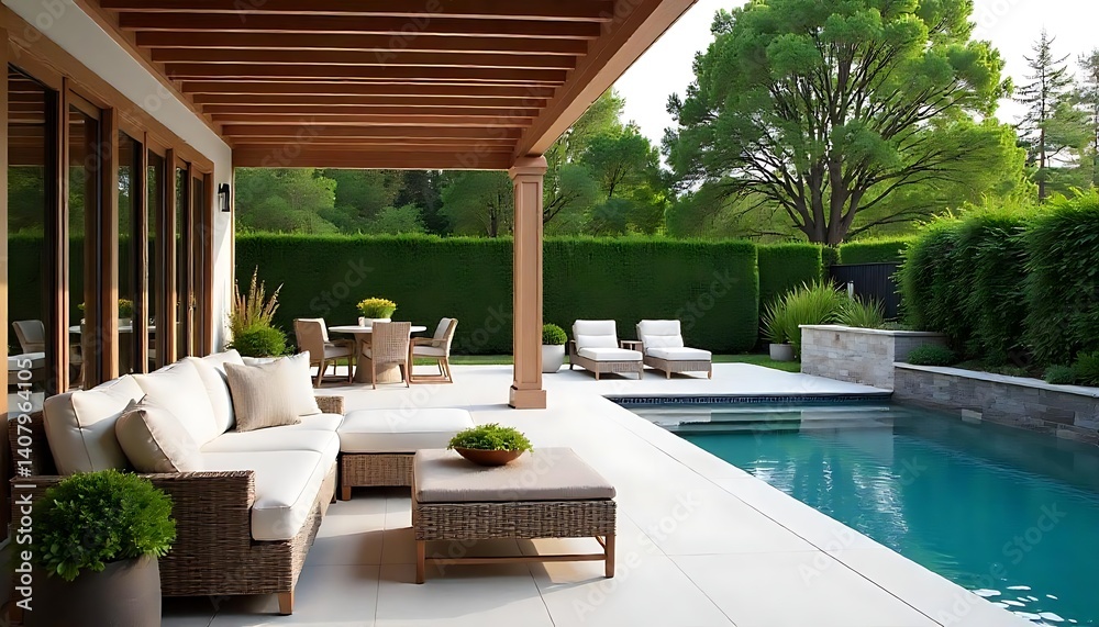 Fototapeta premium Modern backyard with a built-in BBQ grill, outdoor kitchen and dining area, Chic outdoor seating area with a built-in fireplace, created with generative ai