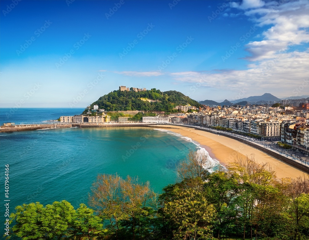 Fototapeta premium tranquil coastal view of san sebastian with monte urgull and historic buildings