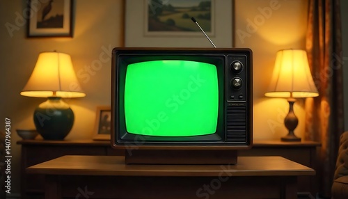 vintage wooden television set with a green screen, sitting on a wooden table with two lamps on either side, in a retro living room setting created with generative ai
