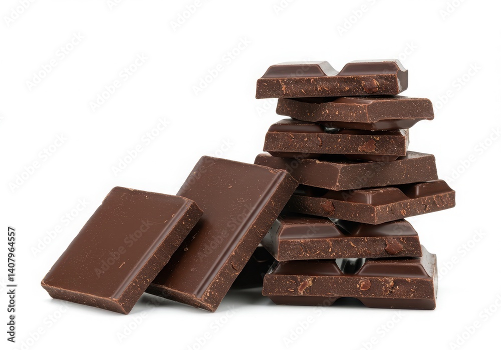 A stack of dark chocolate squares with two pieces leaning against the stack on a white background A stack of dark chocolate squares with two pieces leaning against the stack on a white background