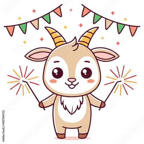 Cartoon Goat Character Holding Sparklers With Garland Decoration On White