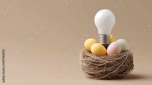 Easter and lamp: Light bulb nest filled with glowing Easter eggs, eco design concept.