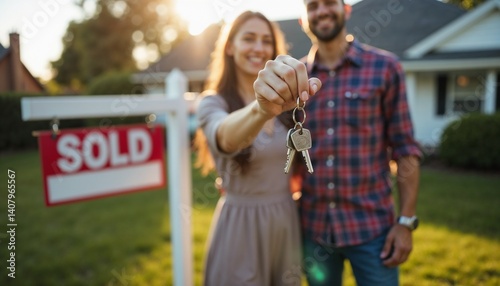 A happy couple celebrates the purchase of a house with keys in front of a 