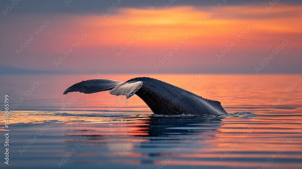 Obraz premium Whale tail emerging from water at sunset with the horizon filled with colorful clouds