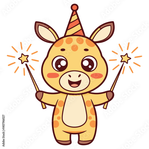 Cheerful Cartoon Giraffe with Party Hat Holding Sparklers on White Background