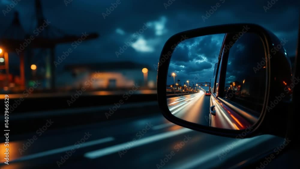 Reflection of City Lights in Side Mirror at Night with Rain Reflection of City Lights in Side Mirror at Night with Rain
