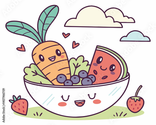 Happy healthy food bowl with smiling vegetables and fruits  