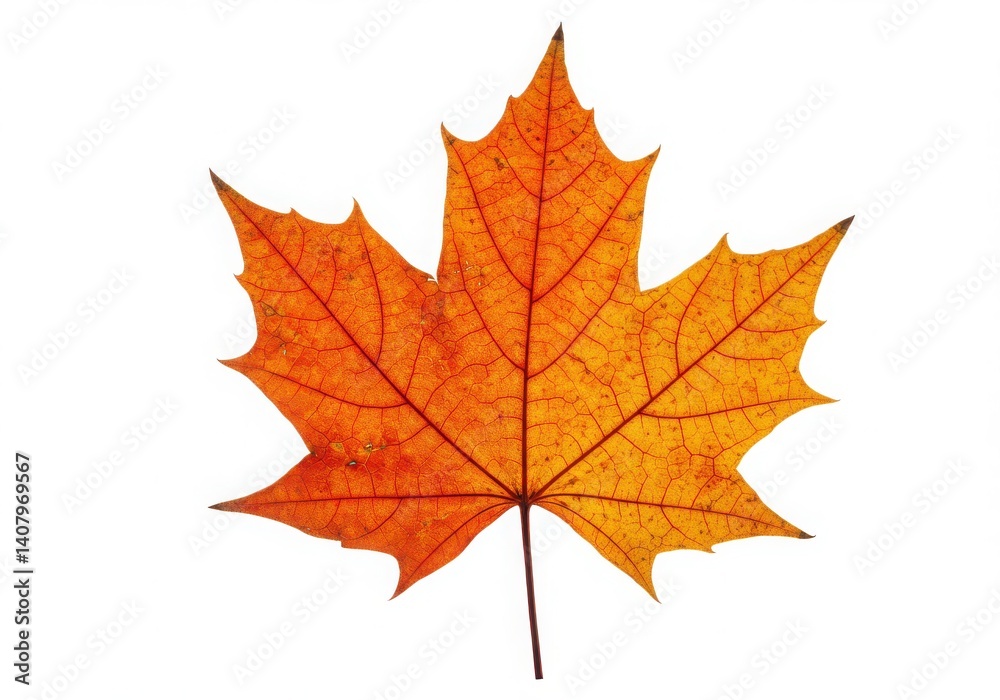 A single vibrant orange maple leaf isolated on a white background with detailed veins visible