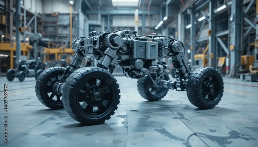 Fototapeta premium Robotic Vehicle Prototype Standing in Factory Showing Engineering Design and Power