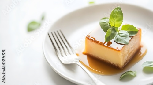 Delicious dessert with caramel and fresh basil.