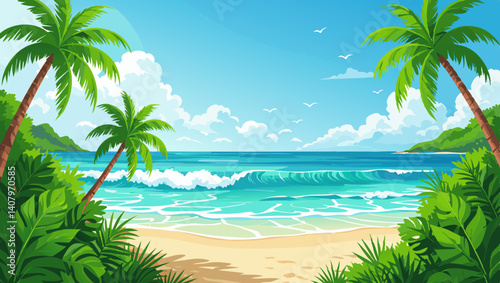  tropical landscape with palm trees and ocean waves – vibrant Oceanian-inspired backdrop with copy space  