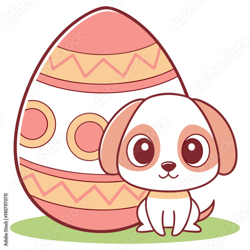 Cartoon Dog Sitting Beside Decorated Easter Egg on Green Field