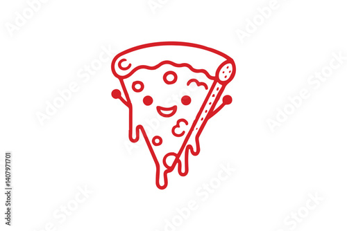 Cute Pizza Slice Character Red Line Art with Cheerful Face, Fun Food Illustration on White Background, Playful Design for Gastronomy Themes.
