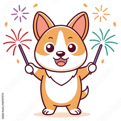 Cartoon Corgi Dog Holding Sparklers Celebrating with Party on a White Background
