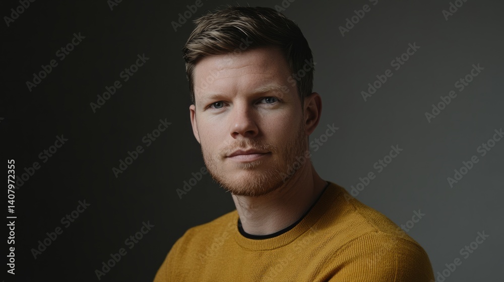 Obraz premium Confident man in mustard sweater, exuding quiet strength and modern elegance 