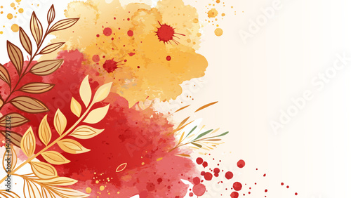 Vibrant watercolor splash in red and gold – passionate charity auction backdrop with copy space  