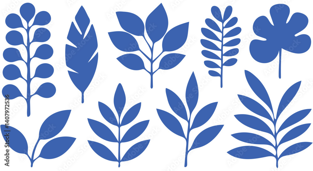 Fototapeta premium Blue Leaf Silhouettes Botanical Vector Collection with Diverse Shapes, Nature Inspired Elements on White Background, Minimalist Design for Creative Projects.