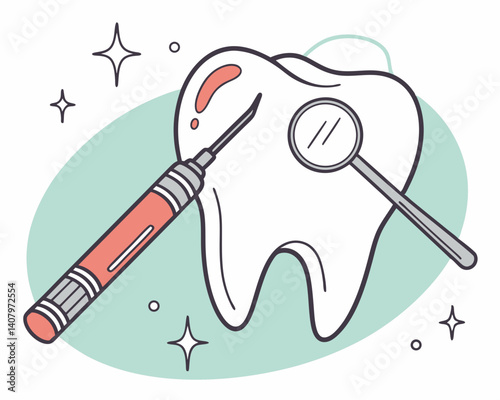 Dental tools examining tooth in a whimsical illustration  