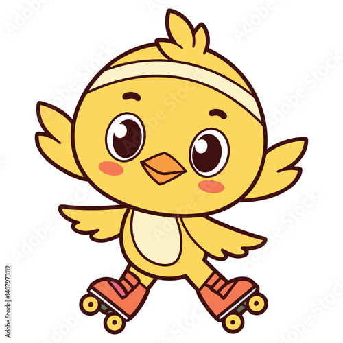 Cartoon Chick Roller Skating, Fun Bird with Headband, Cute, Isolated on White