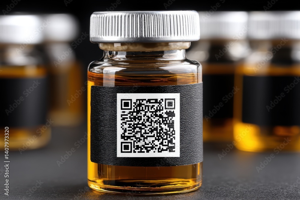 Medicine vial with tamper-evident smart cap and blockchain-linked serial code providing end-to-end traceability from production to prescription., copy space for text - Regulation