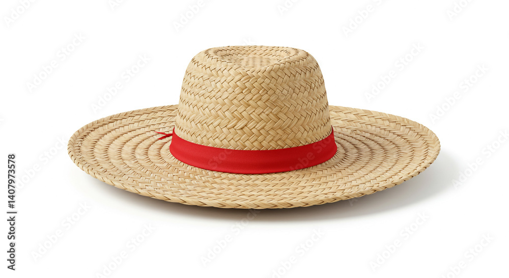 Straw hat with a wide brim and red band around its crown, woven straw material providing a blend of traditional style and practicality, often associated with outdoor use and sun protection. Straw hat with a wide brim and red band around its crown, woven straw material providing a blend of traditional style and practicality, often associated with outdoor use and sun protection.