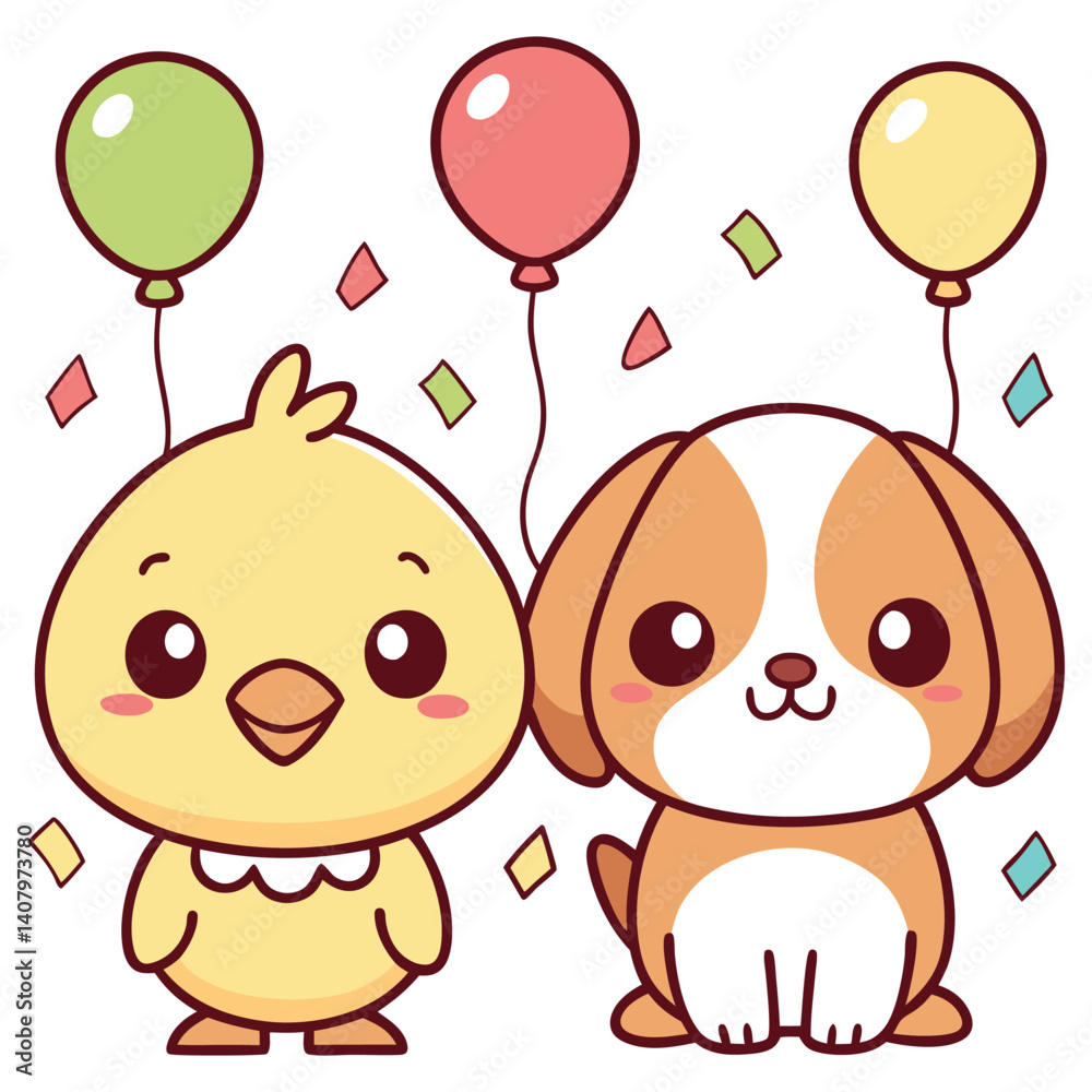 Naklejka premium Smiling Puppy and Chick Surrounded by Balloons and Confetti on White Background