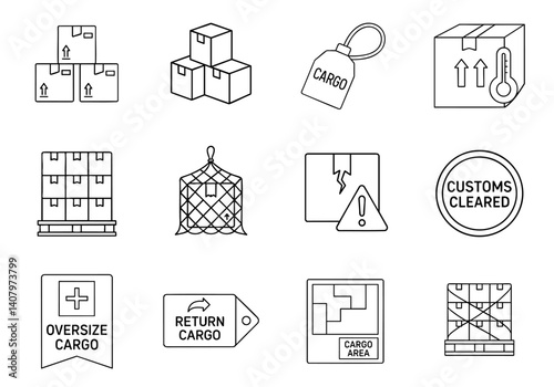 cargo management delivery optimization concept. Logistics icons depicting cargo and shipping labels.