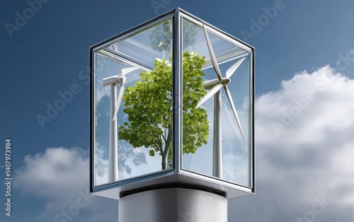 Obraz na płótnie Transparent air purification tower in urban park filtering pollutants with kinetic wind energy, blending aesthetics and environmental function., copy space for text - modern w salonie