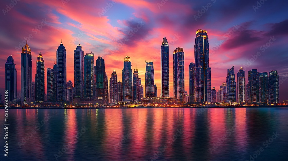 Fototapeta premium Glowing city skyline at twilight with tall buildings high resolution picture