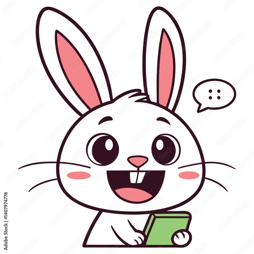 Smiling White Rabbit Using Tablet with Speech Bubble on Transparent Background Smiling White Rabbit Using Tablet with Speech Bubble on Transparent Background