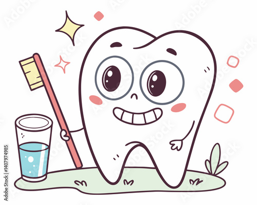 Happy tooth character holding toothbrush and glass of water  