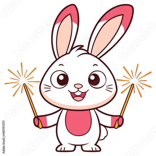 White Animated Bunny Holding Sparklers, Cartoon Rabbit with Pink Details Isolated
