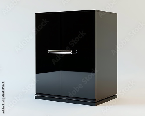 A black cabinet with a silver handle