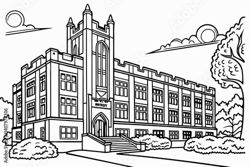 Coloring Pages, Scenery of a magnificent school, colorless, black and white