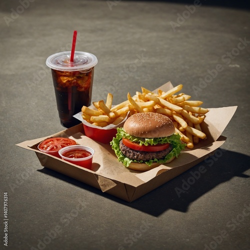 A tiny fast food meal on a tray—mini burger with lettuce and tomato, fries in a paper pouch, and a soda cup with a straw thinner than a thread