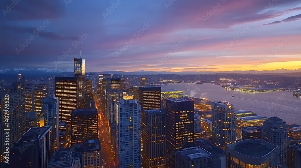 Fototapeta premium Warm sunset beams lighting up city skyline and structures high resolution picture