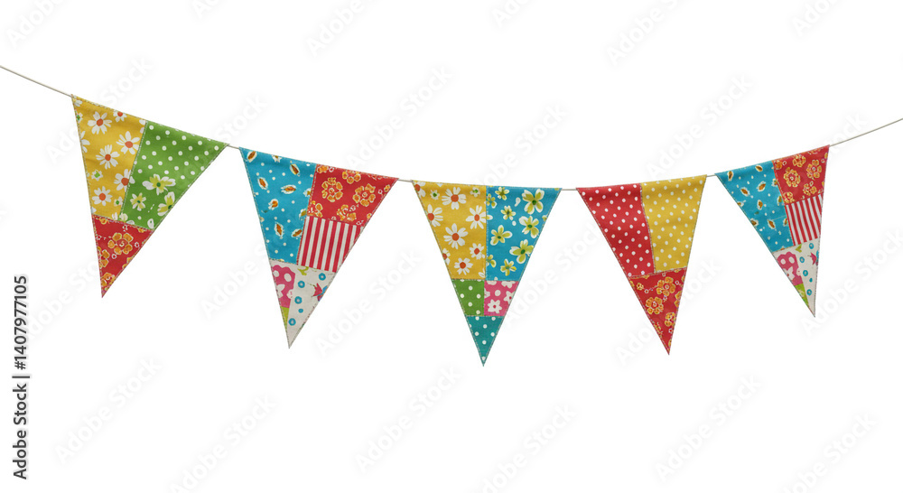 Fototapeta premium Colorful triangular pennants decorated with vibrant patterns hang neatly in a row, connected by a sturdy string. The flags display a variety of designs—floral prints, polka dots, stripes, and patchwor