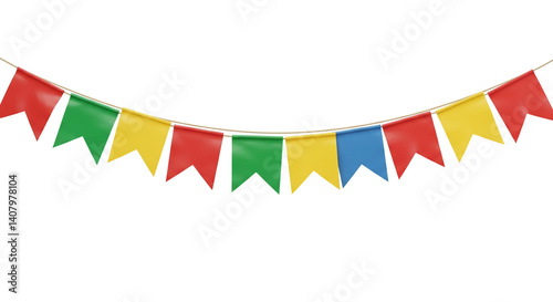 Strings of triangular pennants swing softly showing a playful pattern of red green yellow and blue These cheerful flags feel right at home in a lively and colorful Festa Junina photo