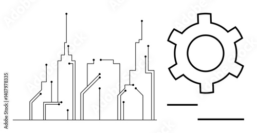 Stylized cityscape with digital connection lines emphasizes innovation. Gear represents technology and automation. Ideal for smart city, technology, innovation, urban planning, automation, IoT