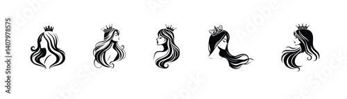 Crown women silhouettes, designs, regal feminine icons, hair styling concepts, 
