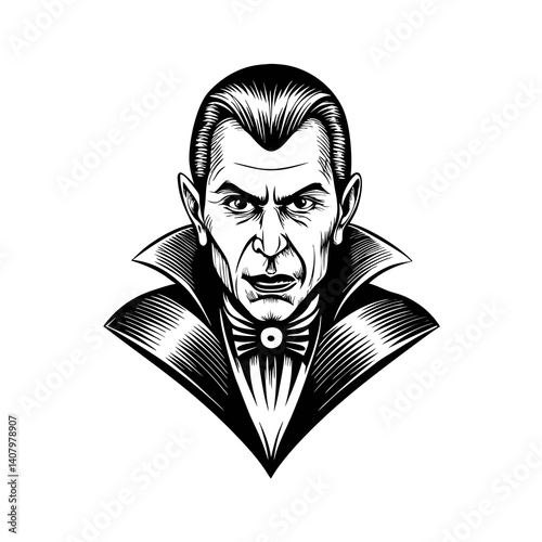 mature caucasian vampire man with classic gothic features and sharp expression