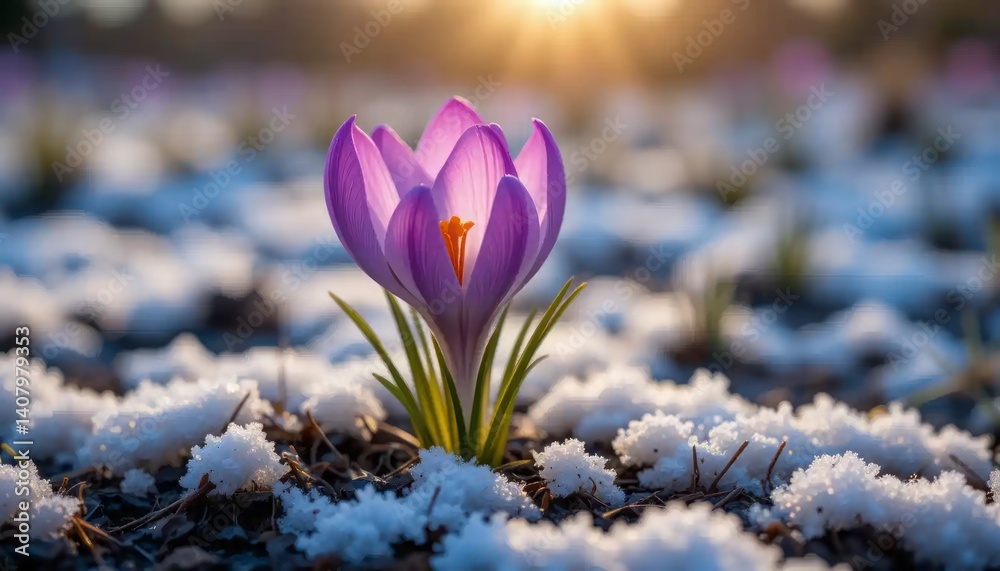 Crocus Flower Blooming Through Snow in Springtime Sunlight Close Up Crocus Flower Blooming Through Snow in Springtime Sunlight Close Up