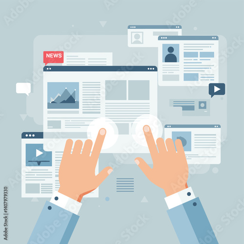 Digital Interface Navigation: An illustration showcases hands interacting with a virtual interface. Immersed in the digital realm, users navigate through various windows, signifying connection.