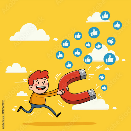 Digital Magnetism: A vibrant illustration of a person, clutching a colossal magnet, drawing in a flurry of "like" symbols, set against a lively backdrop. 