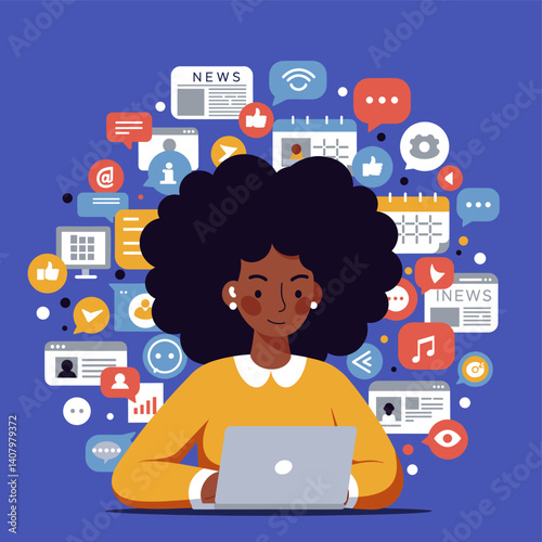 Digital Age Interaction: An illustration of a person immersed in the digital realm, surrounded by icons of modern communication, embodying the connectivity of the current era.