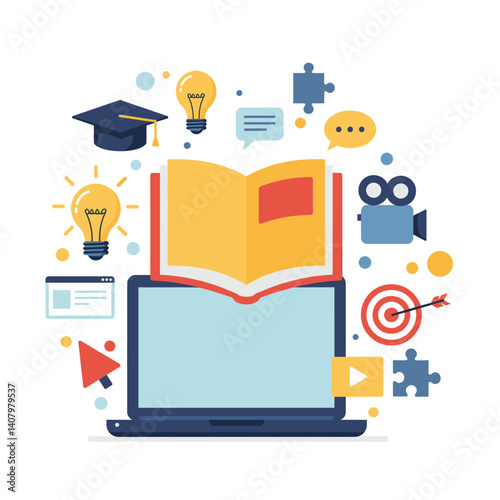 Online Learning and Knowledge: A laptop computer with an open book on top, surrounded by colorful icons representing ideas, communication, video, and targets.