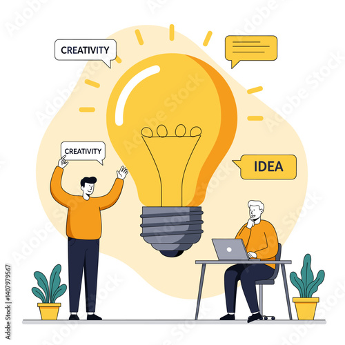 Illumination of Ideas: A creative scene unfolds as two figures engage with a giant light bulb, one expressing "Creativity" and the other pondering an "Idea" at a desk.