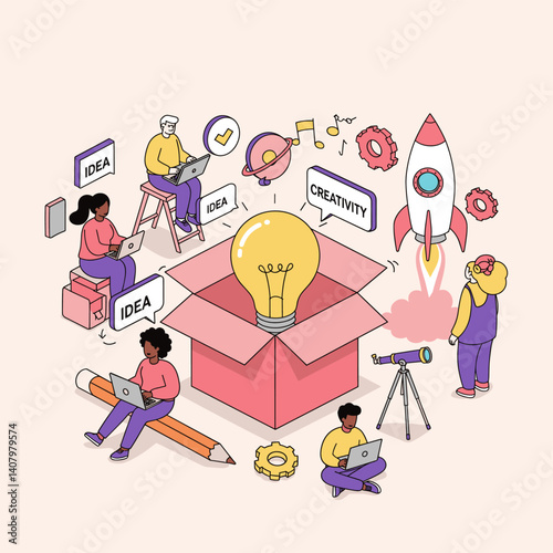 Creative Minds at Work: An isometric illustration depicting a team of individuals collaborating and brainstorming, with an enormous light bulb symbolizing inspiration and ideas.